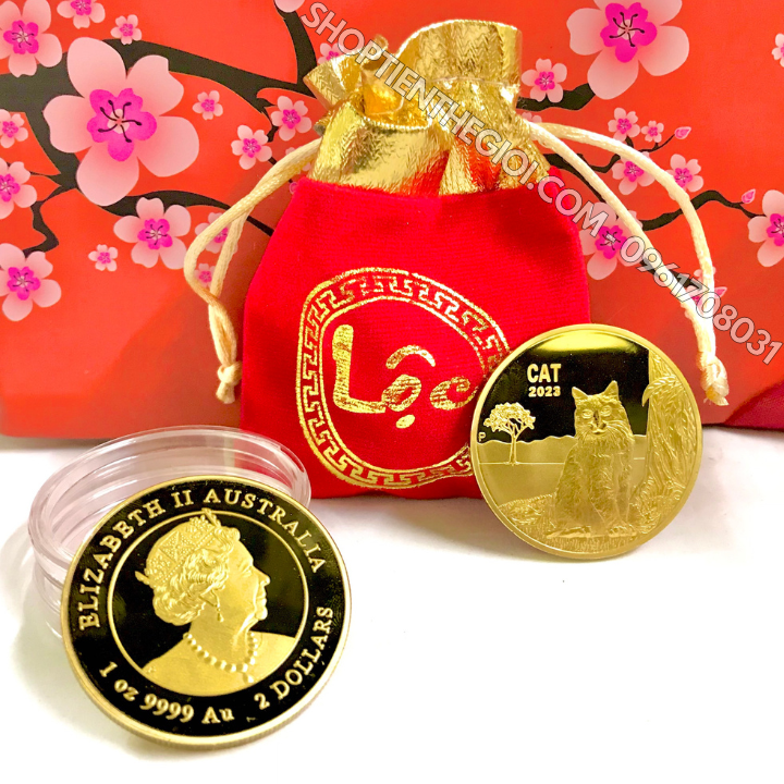 Xu Úc Hình Con Mèo Mạ Vàng tặng túi gấm LỘC - SP005890